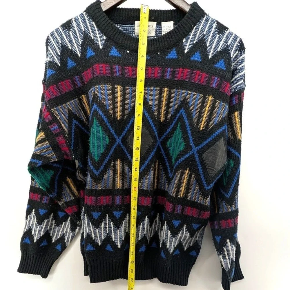Vintage‎ 80s 90s Graphic Knit Sweater Leather Applique Grandpacore Coogi Style M